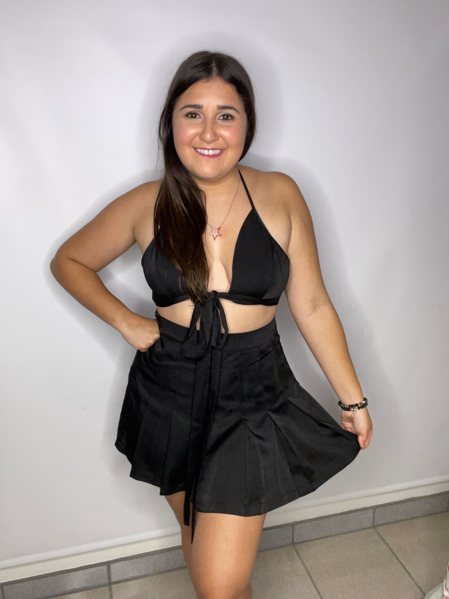 Tie front crop top and mini skirt two piece set