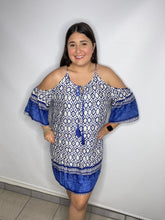 Load image into Gallery viewer, Geometric Blue Cold Shoulder Short Dress
