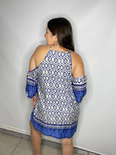 Load image into Gallery viewer, Geometric Blue Cold Shoulder Short Dress
