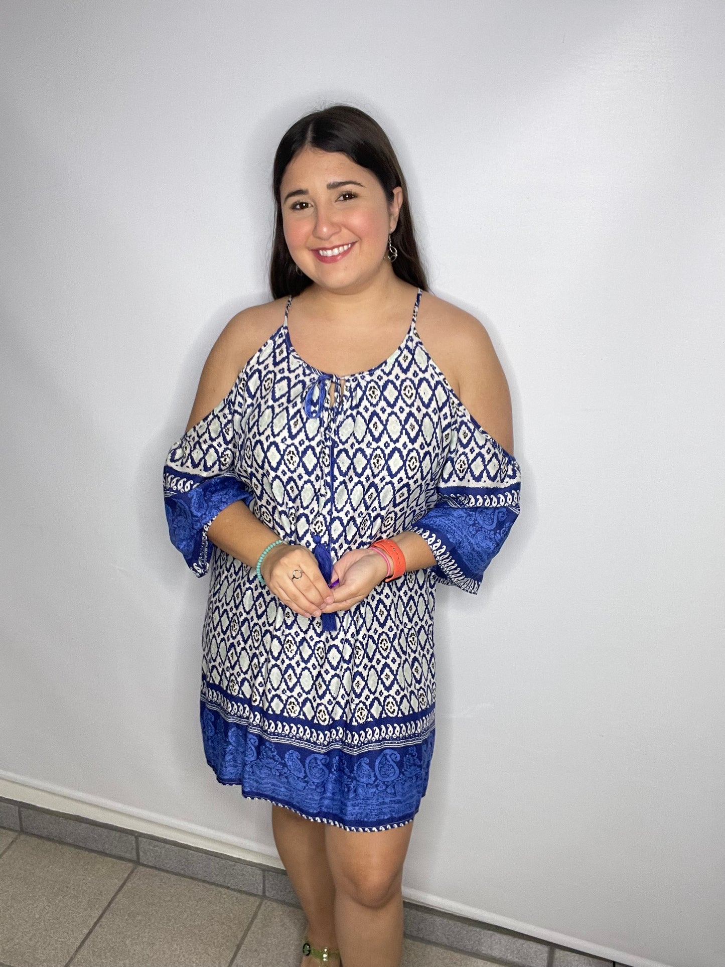 Geometric Blue Cold Shoulder Short Dress