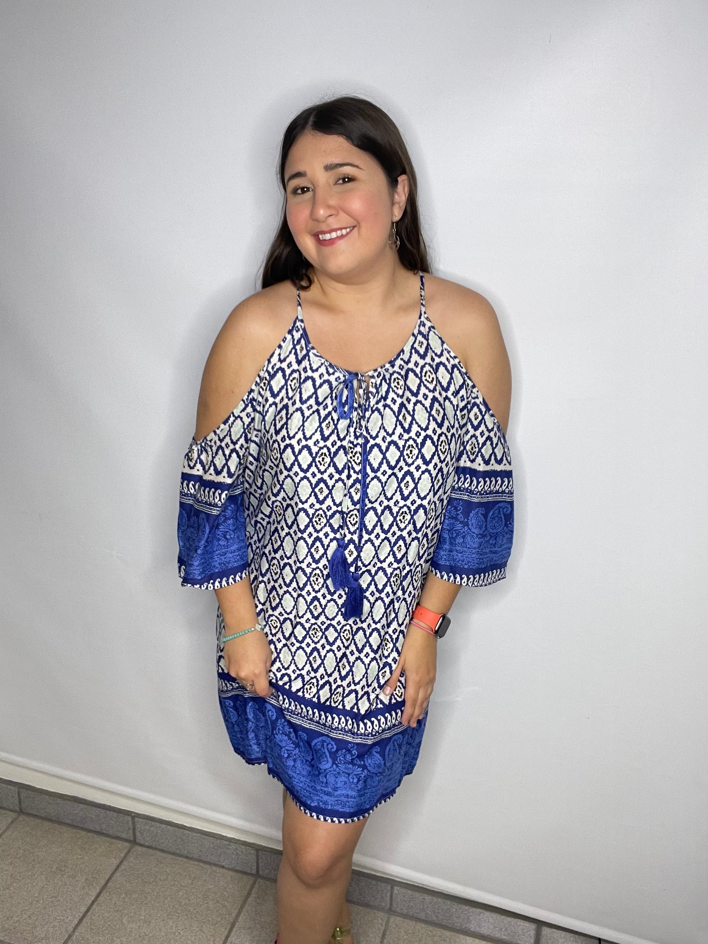 Geometric Blue Cold Shoulder Short Dress